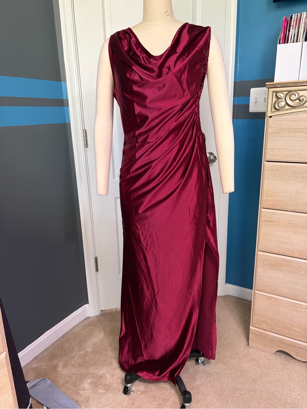 NWT Ever Pretty Burgundy Satin Side Cutout Evening Gown Size 16